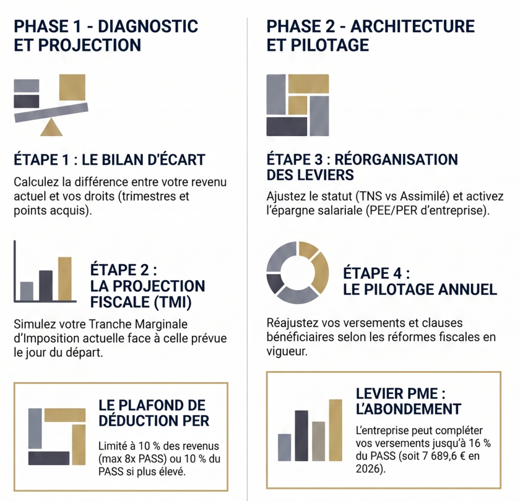 Infographie expliquant les 4 étapes de la stratégie patrimoniale pour dirigeants et professions libérales : bilan d'écart de retraite, projection de la tranche d'impôt TMI, réorganisation des leviers PER et statut social, et pilotage annuel.